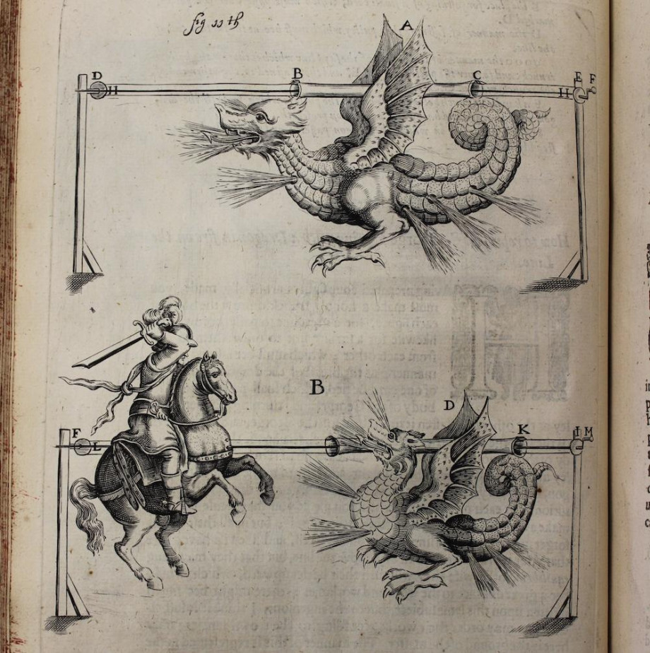 CN8054,_Babington,_Pyrotechnia,_1635,_figure_11,_before_page_41,_St_George_and_the_dragon_on_a_line_in_fireworks_cropped_0.jpg